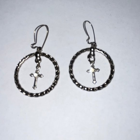 Dangling Hoop with Cross & Diamond GemStone Earrings - Picture 3 of 3